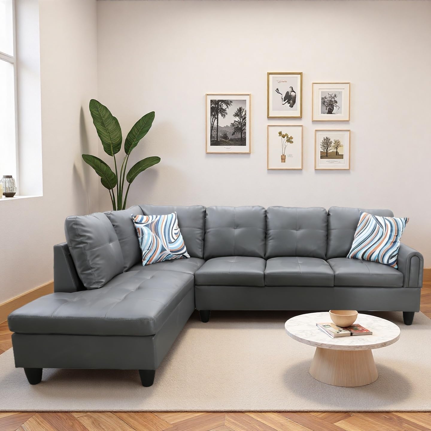 Trygoal Modern L-Shaped Sectional Sofa with Chaise Lounge, 4-Seater Leather Couch with High-Density Foam Cushions, for Living Room, Apartment, Studio, Easy Assembly, Dark Grey