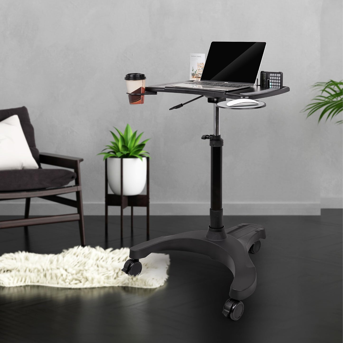 EHO Mobile Laptop Standing Desk Carts on Wheels with Stationery Storage, Pneumatic, Height Adjustable Rolling Stand, Sit to Stand Computer Cart, Workstation for Home, Office, Medical and School