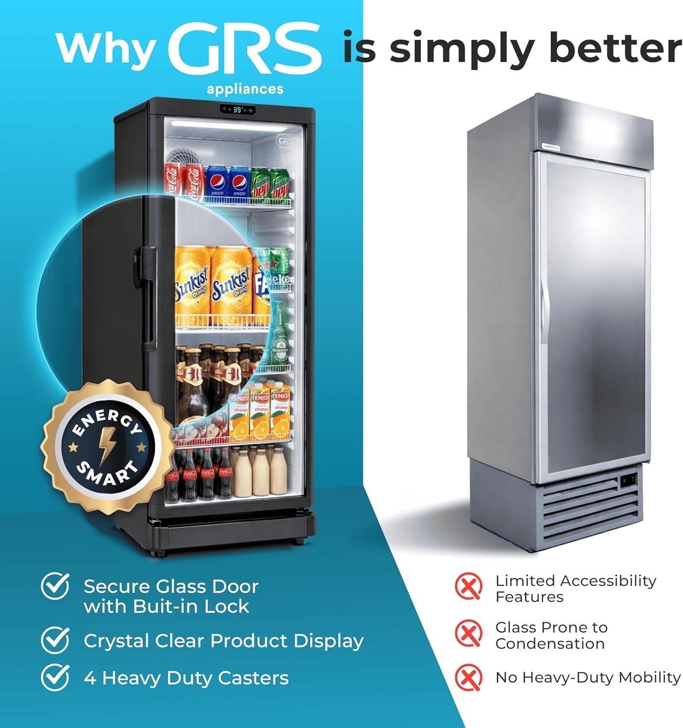 GRS Commercial Display Refrigerator with Glass Door Lock | Cool Air Flow & Temperature | Beverage fridge, Drink and Wine Cooler with Adjustable Display Shelf for Stores and Bars | Black, 6.0 Cu. Ft