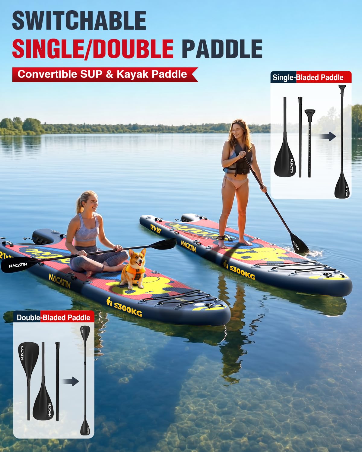 NACATIN Inflatable Stand Up Paddle Board - Premium SUP Board with Dog Ramp Kit, Complete SUP Set Paddle Boards for Adults with Single/Double Paddle, Backpack, Suitable for Paddle Boarding with Dog