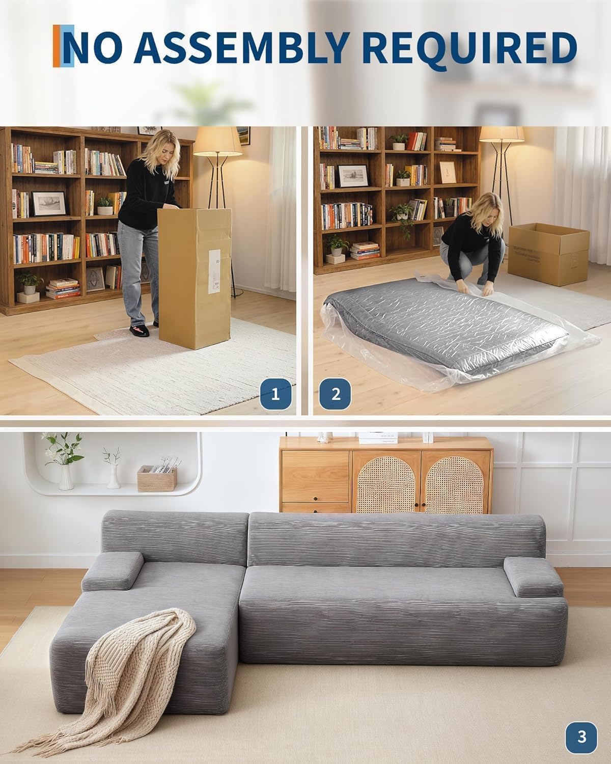 PeakPursuit Oversized 108" Corduroy Cloud Sectional, Left-Facing Chaise Boneless Modular Sofa, Soft Deep Lounger for Living Room, No Assembly Needed