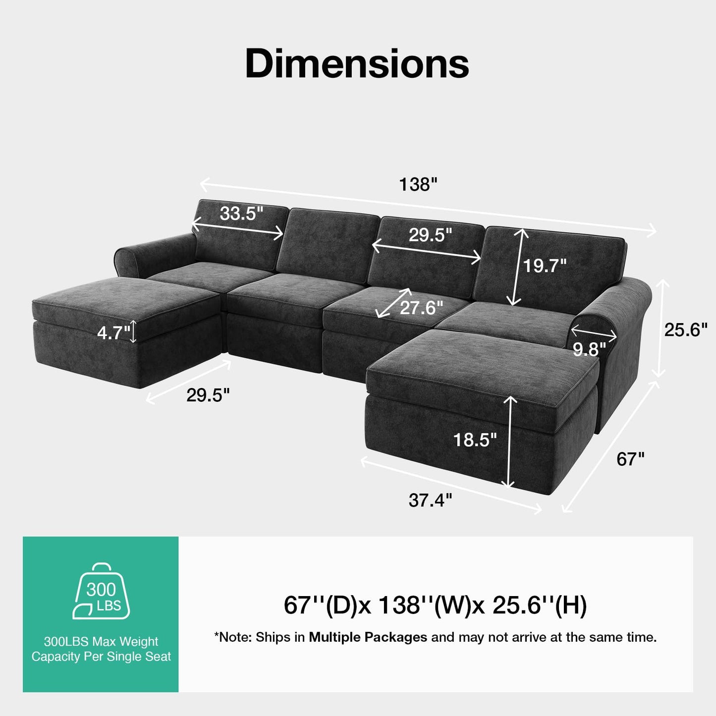 Novilla 138" Modular Sectional Sofa, Modular Sectional Couches for Living Room, Chenille Removable Cover Boneless Couch with Smarts Coil® Support U-Shaped Couch(Dark Grey, 4 Seater + 2 Ottoman)