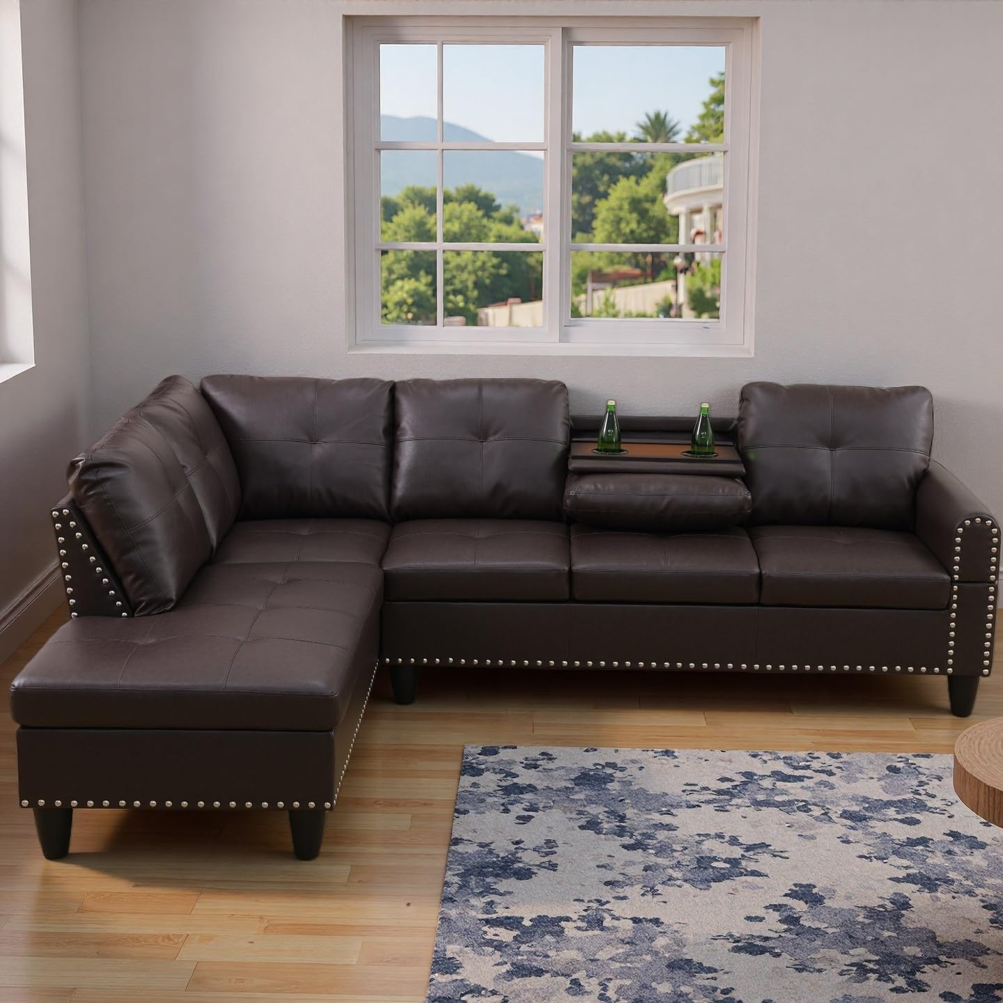 Trygoal L Shape Sectional Couch with Chaise, 97.5 Inch Modular Sofa with Cup Holders, Sectional Couches for Living Room, Ergonomic Reclined Backrest, for Office and Small Apartment, Brown