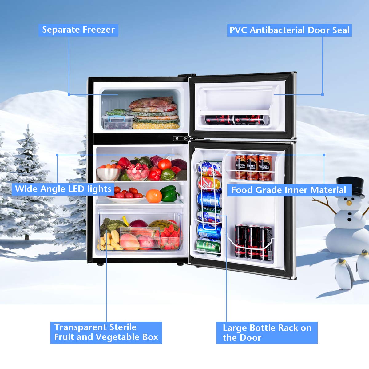 COSTWAY Mini Fridge with Freezer, 3.2 Cu.ft. 2-Door Mini Freezer Cooler Fridge w/ Reversible Door, Removable Glass Shelves, Mechanical Control, Small Refrigerator for Bedroom, Dorm, Office (Grey)