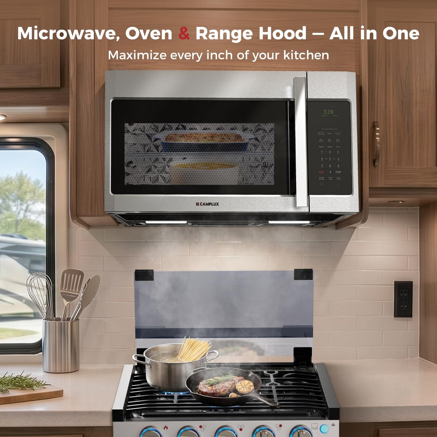 CAMPLUX 30" Convection Over-the-Range Microwave Oven, 1.5 Cu. Ft. Stainless Steel OTR Microwave with 300 CFM Venting, Bake & Roast Like a Real Oven, Low Noise Design