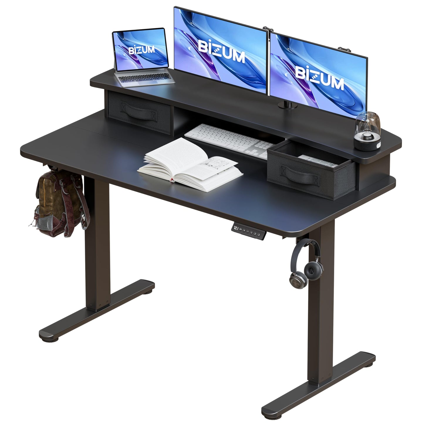 BIZUM Standing Desk with 2 Drawers Computer Desk-Stand up Desk Home Office Gaming Memory Desks C-Clamp Mount Compatible, 48x24 Inch Black