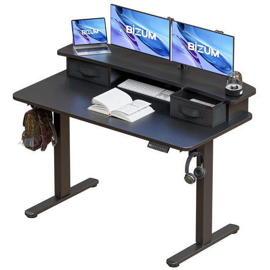 BIZUM Standing Desk with 2 Drawers Computer Desk-Stand up Desk Home Office Gaming Memory Desks C-Clamp Mount Compatible, 48x24 Inch Black