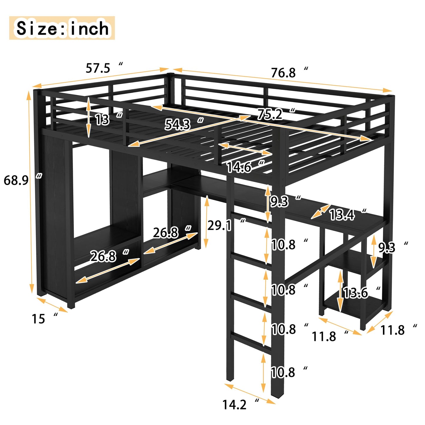 Bellemave Metal Full Size Loft Bed with Desk and Wardrobe,Heavy Duty Loft Bed Frame with Storage Shelves for Kids,Teens,Adults, Space Saving,Black