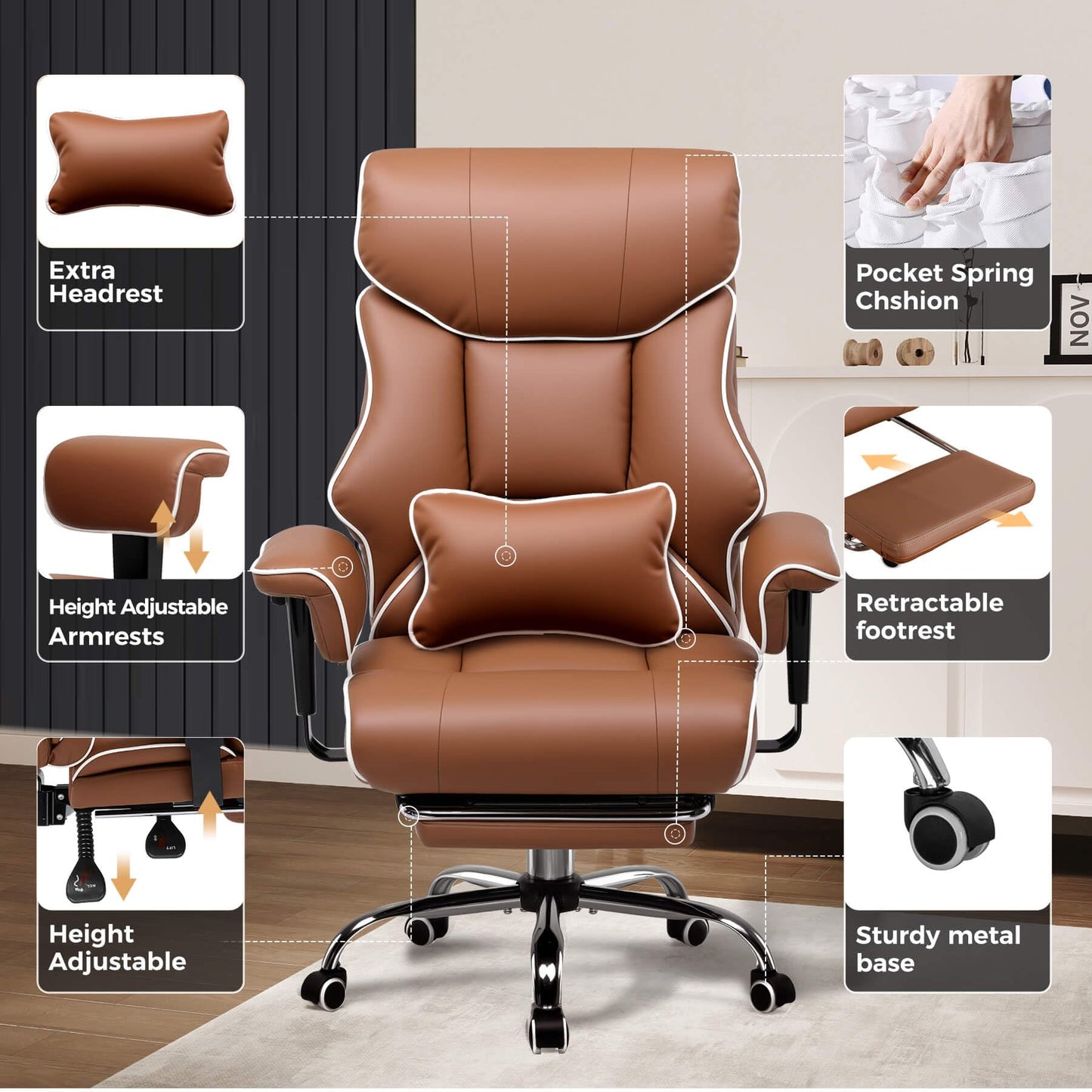 GTPLAYER Big and Tall Gaming Chair 400lbs Heavy Duty Office Chair with Foot Rest & Ergonomic Pocket Spring Cushion, High Back Lumbar Support for Lower Back Pain Relief, Coffee Brown