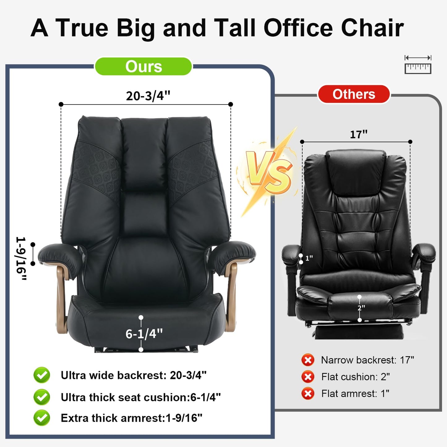 EXCEBET Big and Tall Executive Office Chair with Footrest, 400LBS Capacity Ergonomic High-Back Desk Office Chair with Lumbar Support, Padded Armrests & Thick Cushion, Black PU Leather Chairs