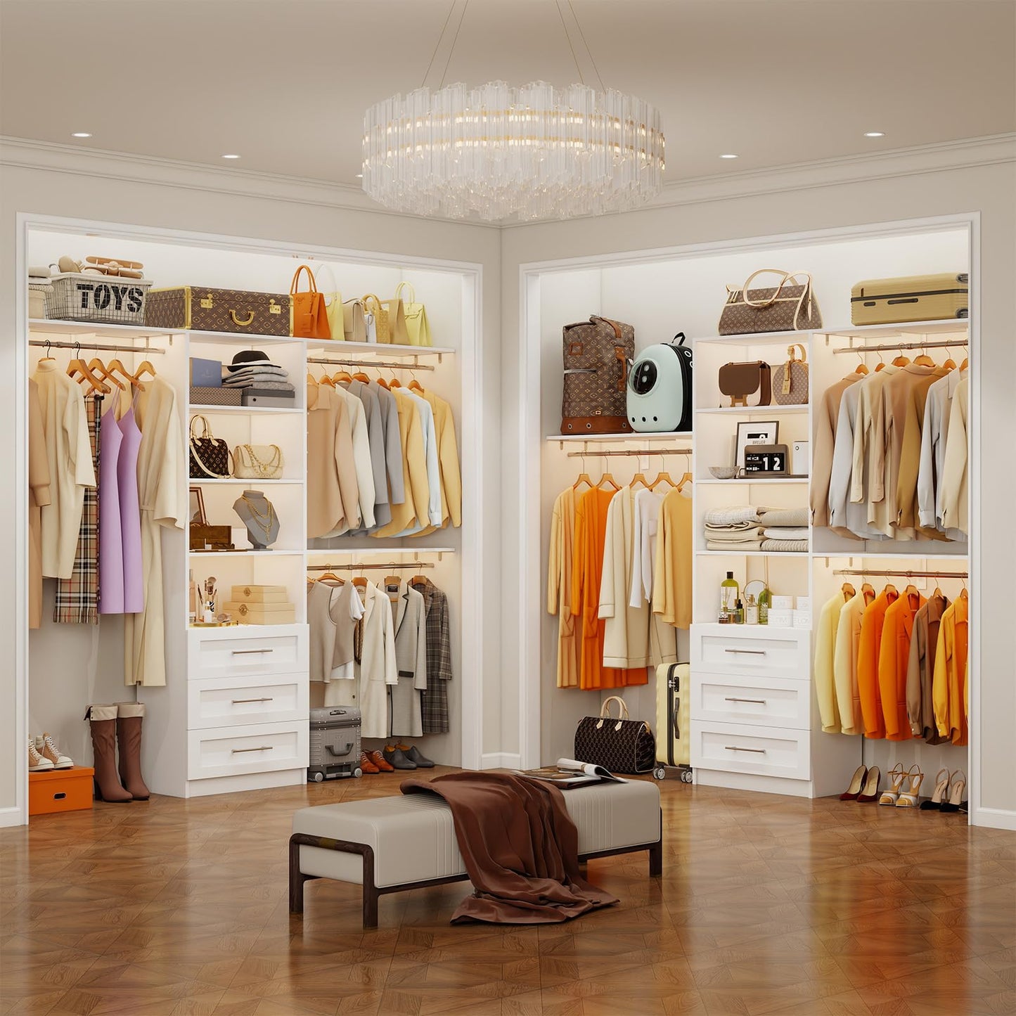 secilix Closet System with 6 Wood Drawers, 6-12FT Closet Organizer System with Cuttable Shelves for Walk in Closet with 6 Expandable Hanging Rods, Heavy Duty Built-in Closet for Bedroom, White