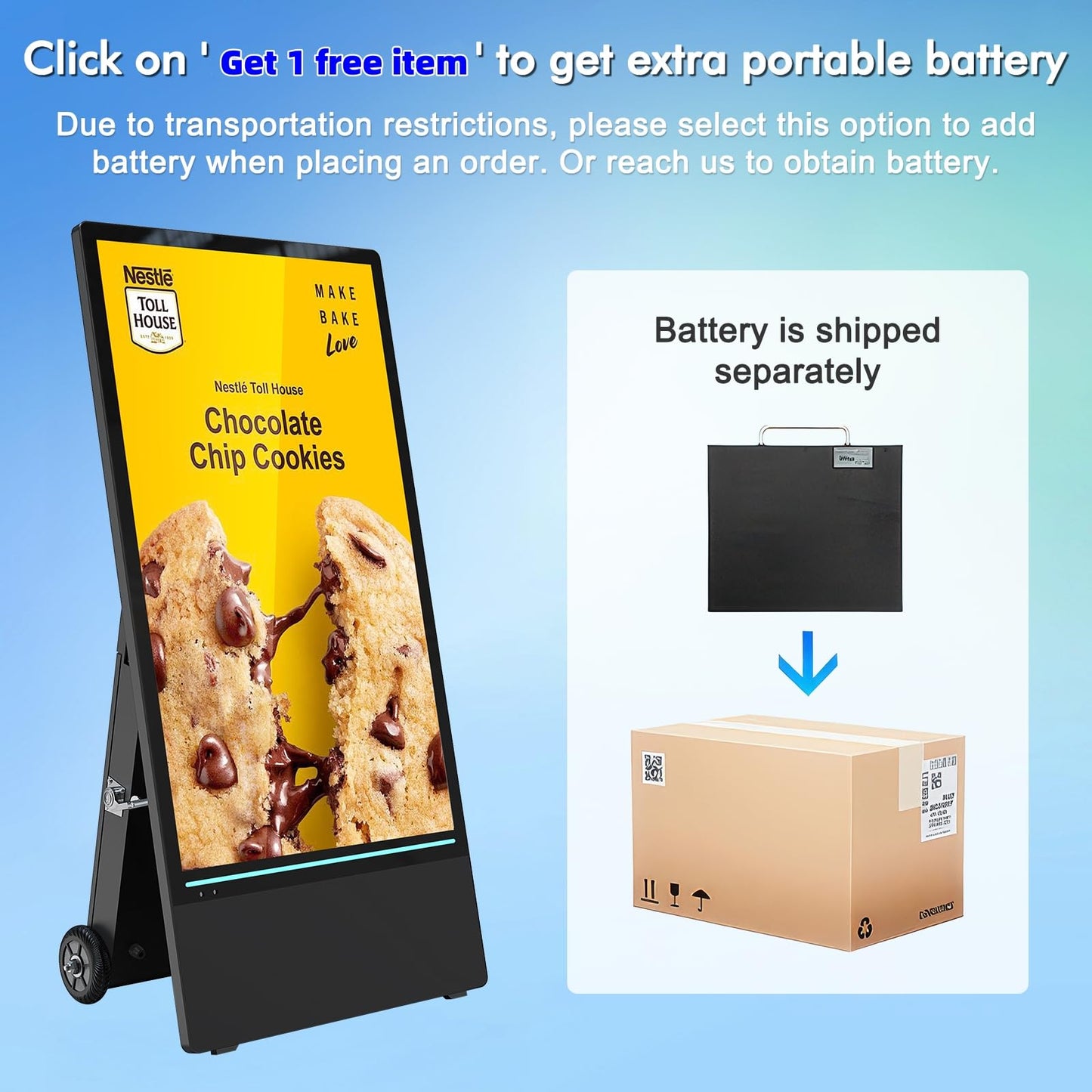 MWE 43 Inch Outdoor Digital Signage Display, Portable Battery Powered High Brightness Screen Advertising Display Kiosk, Movable Waterproof Digital Poster, Android Kiosk