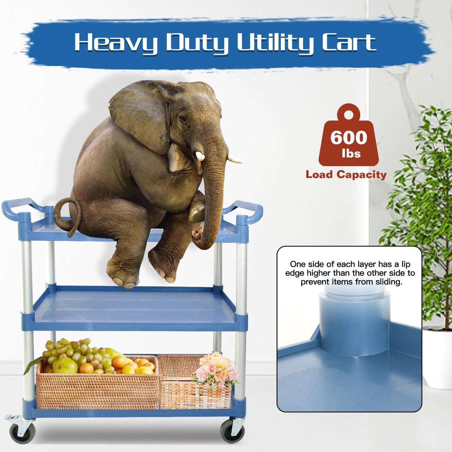 Utility Carts with Wheels Large Size Rolling Cart with Wheels Heavy Duty 600 LBS Food Cart with Lockable Wheels and Hammer for Kitchen/Office/Warehouse, 39.5" D x 19.3" W x 39.5" H(Grey Large Size)
