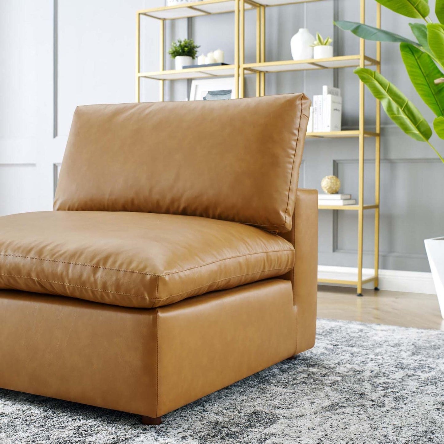 Modway Modular Sofa Commix Down Filled Overstuffed Vegan Leather Armless Chair, Tan
