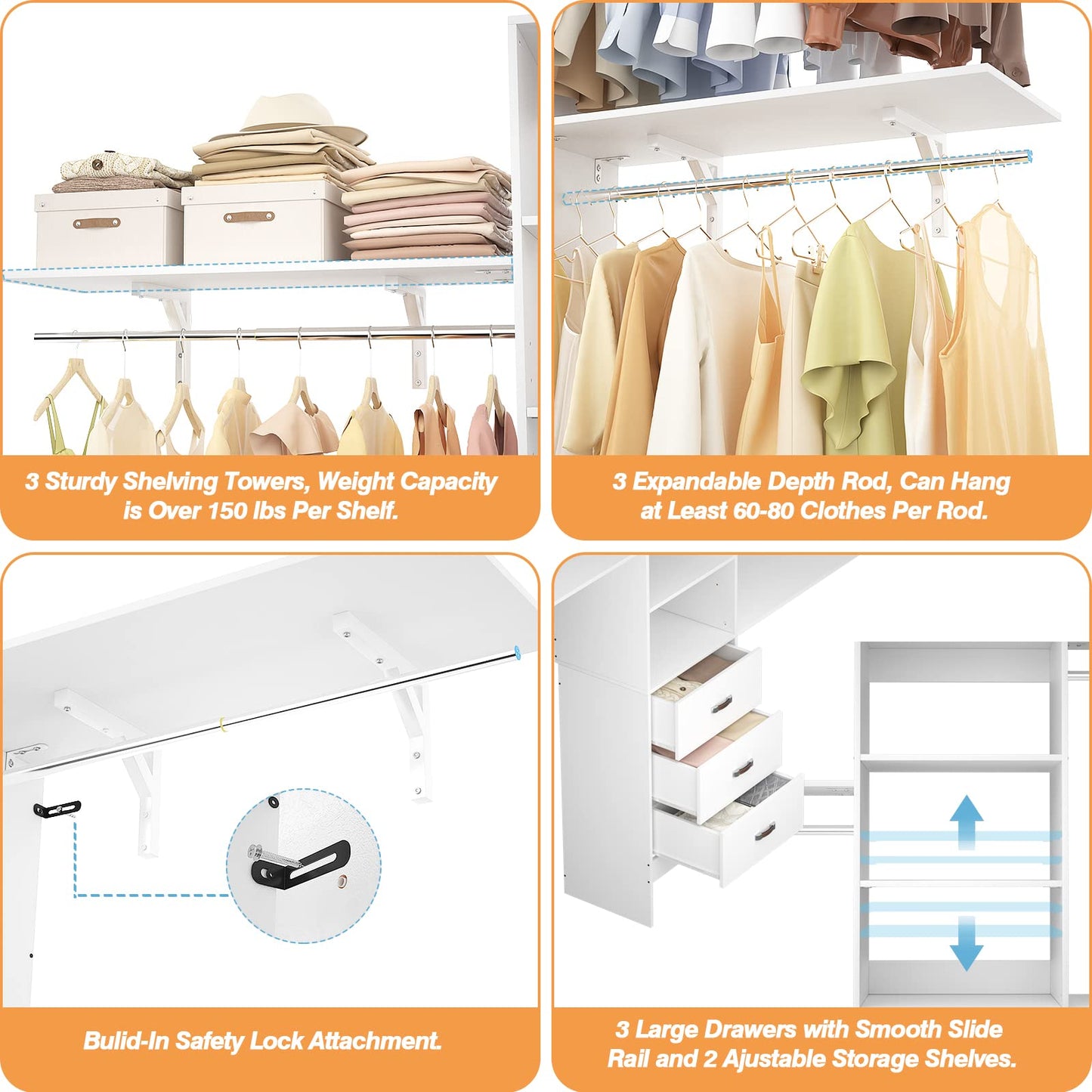 iSunirm 8FT Closet System, 96'' Closet Organizer System with 3 Hanging Rods, Wall Mount Bedroom Wardrobe with 3 Drawers Walk-in Closet, Adjustable Cloth Garment Rack from 5 to 8FT (Cut to Fit), White
