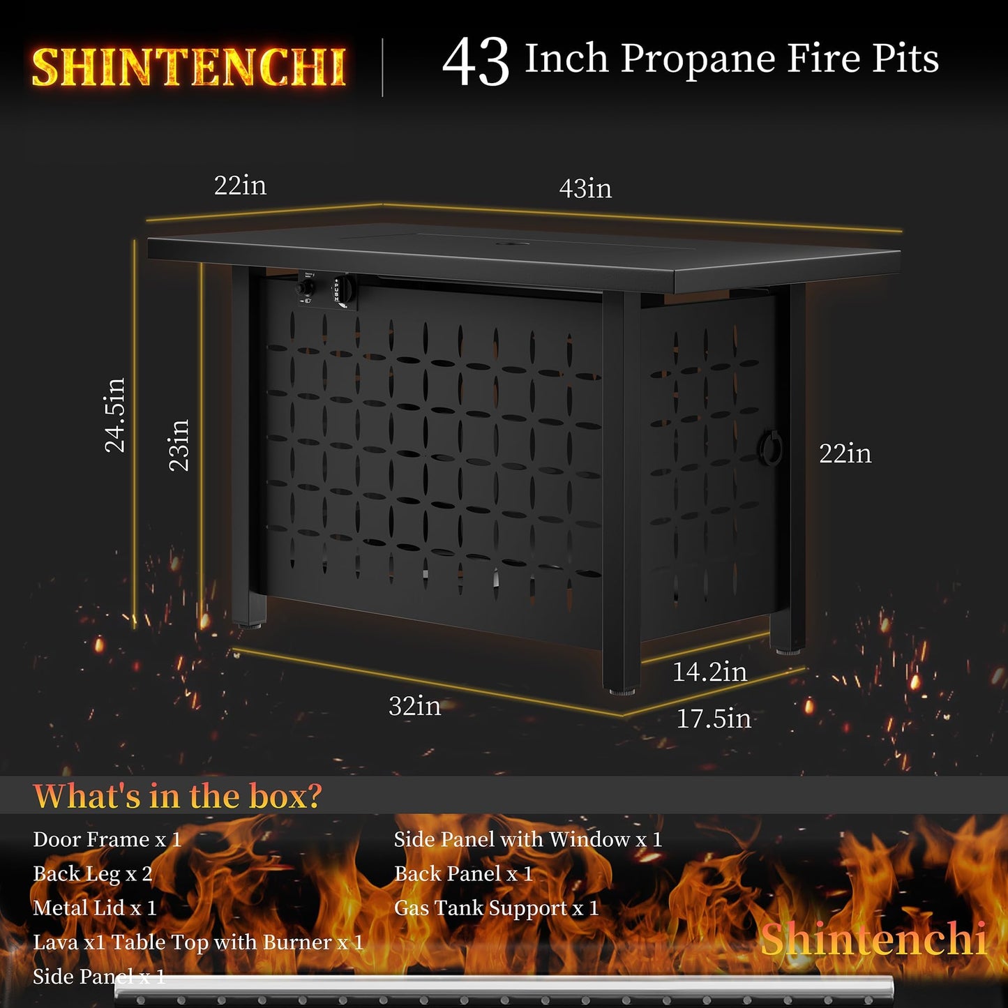Shintenchi 43" Propane Fire Pit Table,50,000 BTU Rectangular Gas Fire Pit Table,CSA-Certified Steel 2-in-1 Multi-Use Propane Gas FirePits with Lid and Lava Rocks for Patio Garden Yard,Black