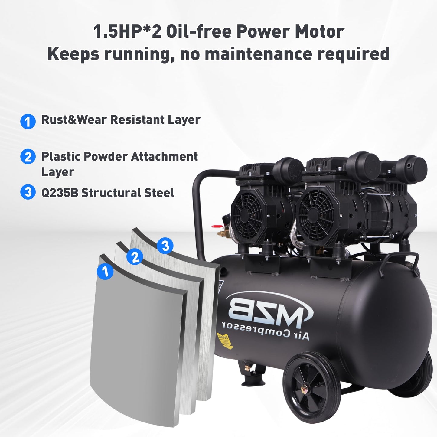 MZB 13.2 Gallon Ultra Quiet Air Compressor 115PSI Steel Tanks 70dB Noise Level Oil Free Air Compressor