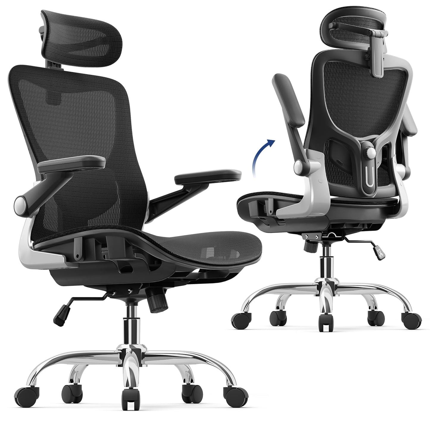 marrap Ergonomic Office Chair, Mesh Seat Cushion with 3D Armrests and 3D Headrest, Adjustable Lumbar Support with 90-120° Rocking Function for Home Office, Black