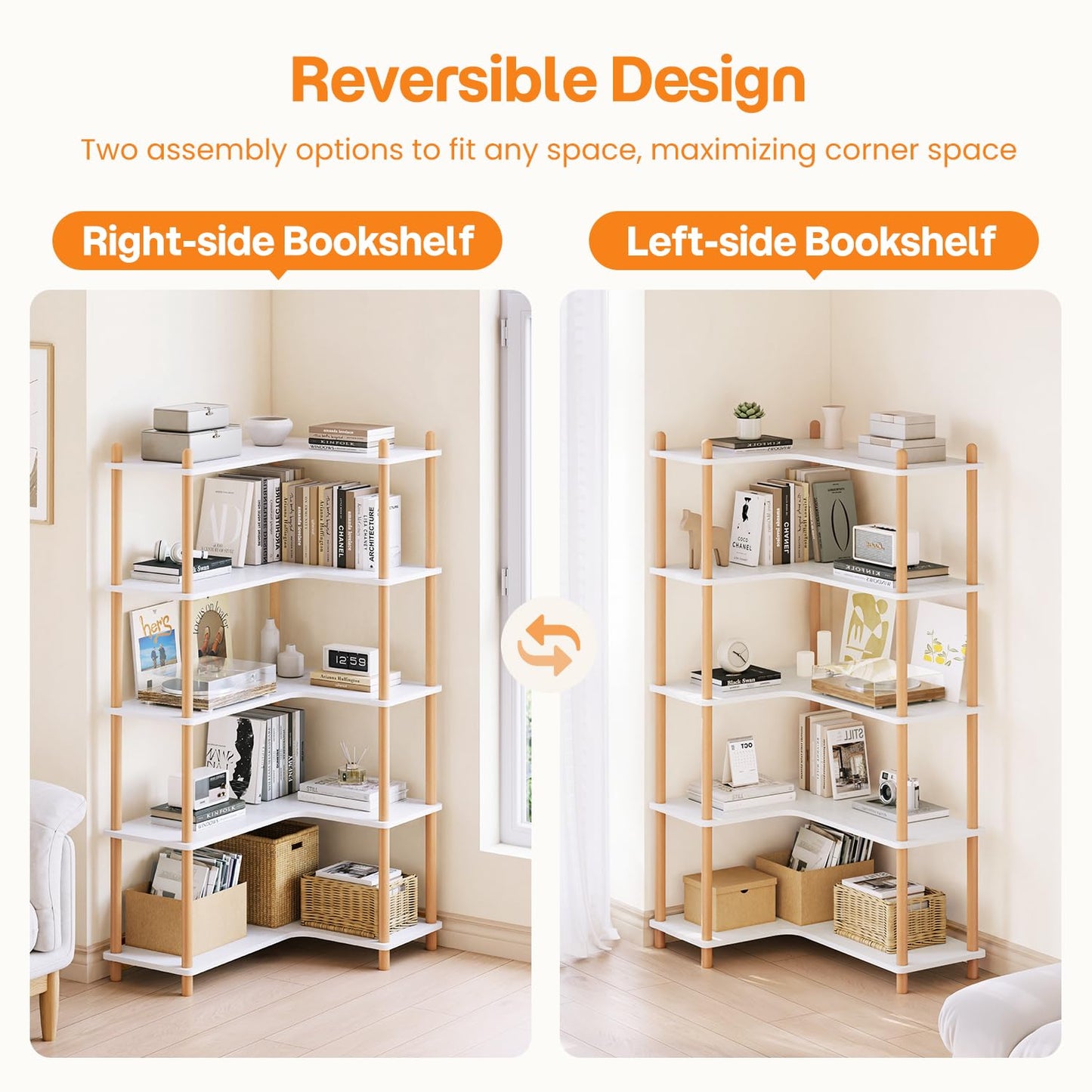 LUSHF L-Shaped Open Corner Bookshelf - 5-Tier Freestanding Bookcase, White