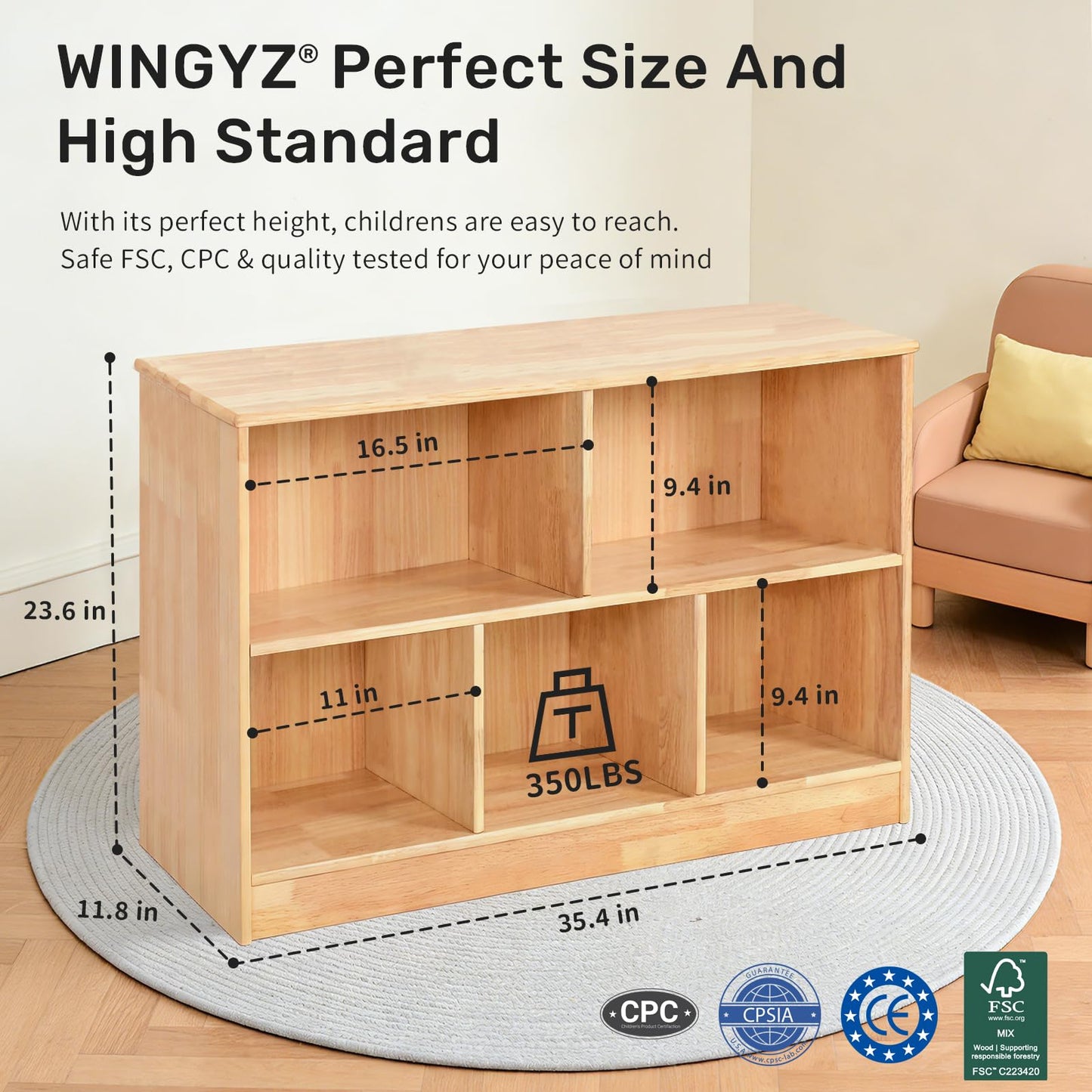WINGYZ Rubber Wood Montessori Bookshelf, 5-Section Wooden Storage Cabinet, 2 Shelf Bookcase Toy Storage Organizer, 35.4" L Montessori Shelf for Kids Rooms Playroom Nursery Classroom Daycare Furniture