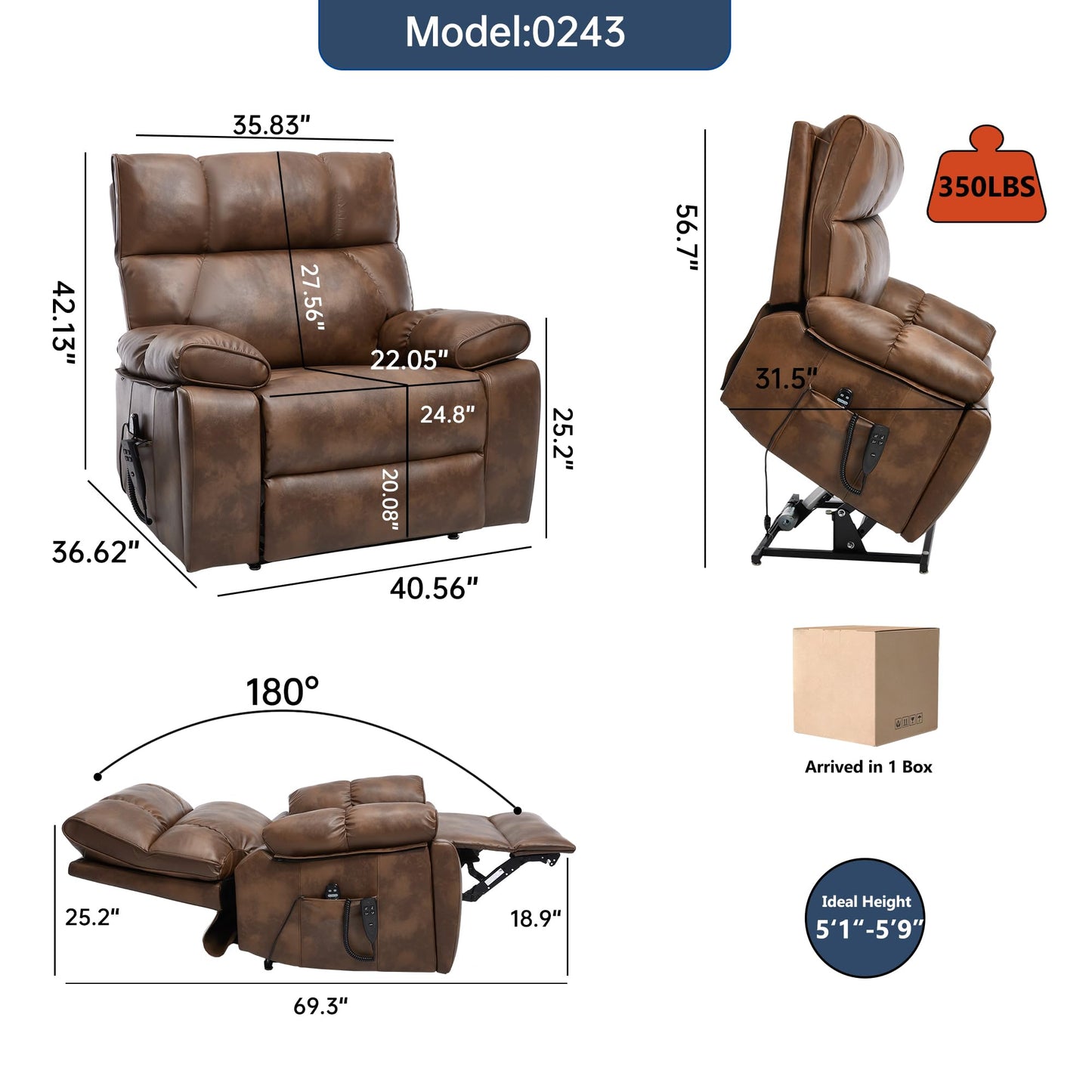 KEIKI Leatheraire Oversized Electric Power Lift Recliner Chair with Heat & Massage, Dual Motor, Infinite Positions, Hidden Cup Holders, Medium-Firm, Heavy Duty Up to 350 lbs, Light Brown