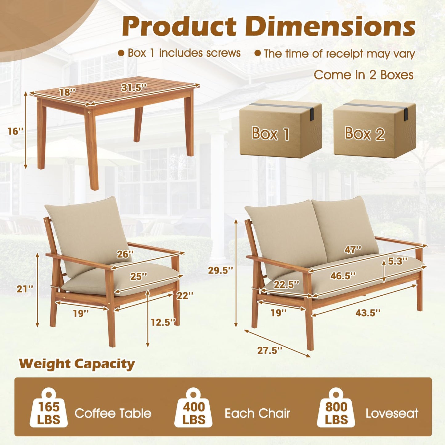 Tangkula 4 Pieces Patio Furniture Set, Outdoor Acacia Wood Conversation Set with Soft Cushions and Coffee Table, Outdoor Sectional Sofa Set for Lawn, Garden, Backyard and Poolside (1, Natural)
