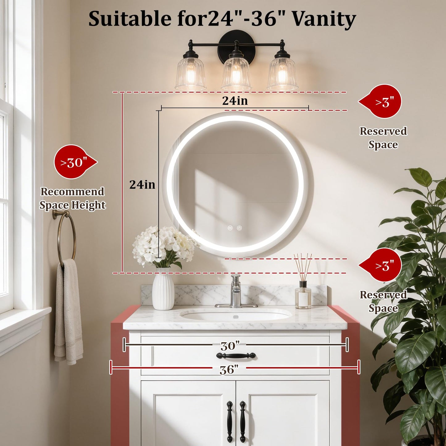 WallBeyond 24 in Round LED Medicine Cabinet with Mirror, Black Bathroom Cabinet with Storage, 3 Color Stepless Dimmable Lights, Anti-Fog, Memory Function, Hardwired, Surface Mount