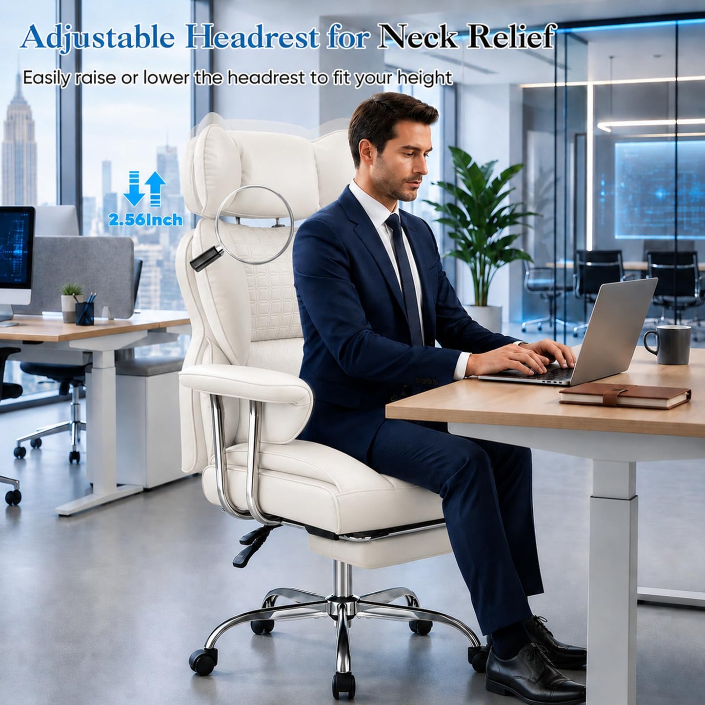 Big and Tall Office Chair 350 LBS, Scratch-Resistant PU Leather Executive Office Desk Chair with Footrest, Ergonomic Reclining Computer Chair with Pocket Spring Support for Home Office, Beige