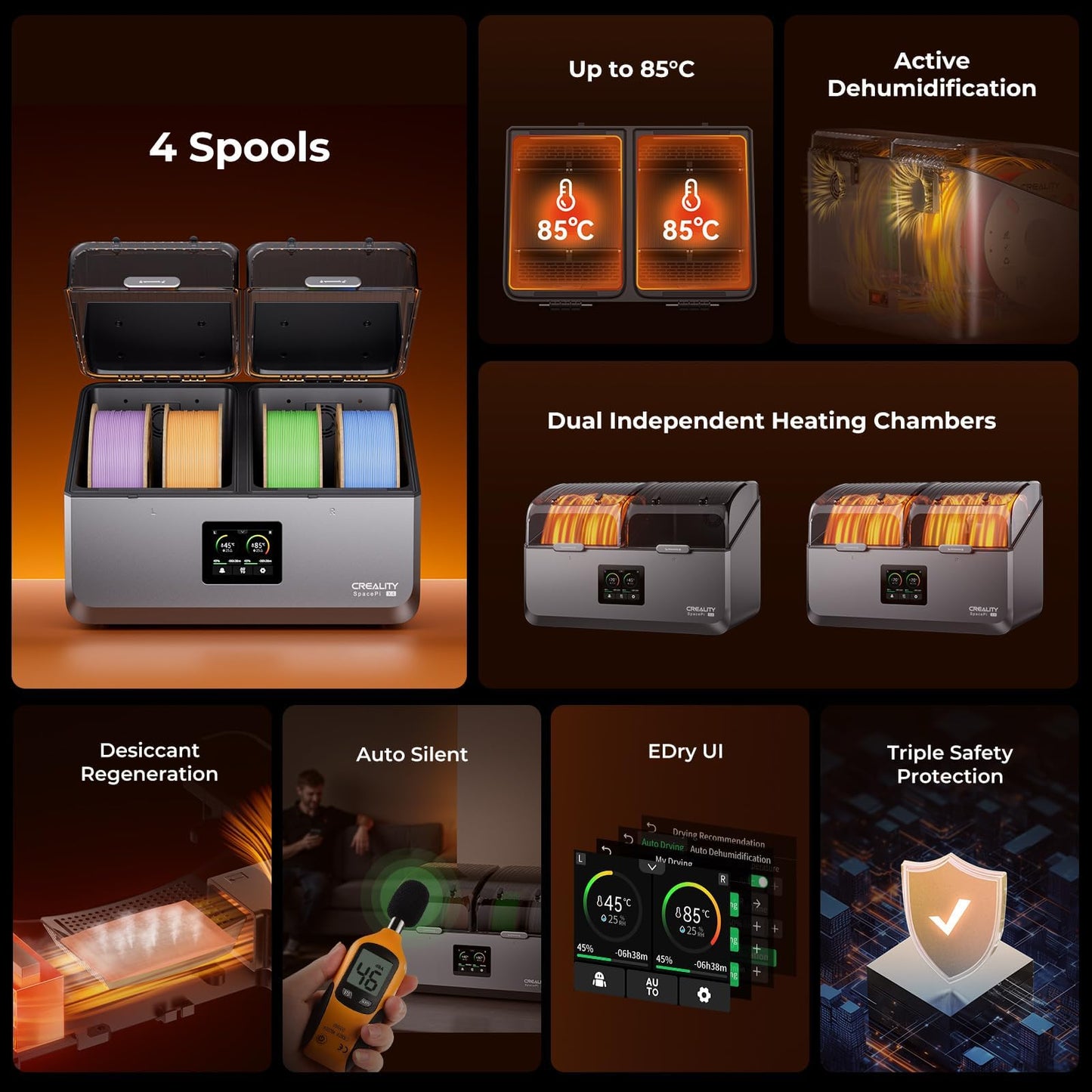 Creality Space Pi X4 Filament Dryer Box, New Upgrade 4-Spool 3D Printer Filament Storage with Dual Heating Chambers, 200W Fast Heating Up to 85℃, for PLA, PETG, ABS, TPU, Nylon, PC