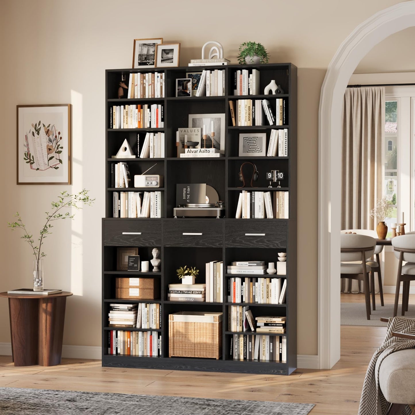 Garvee 75" Tall Bookcase with Drawers, 47" Wide Large 9-Tier Farmhouse Wooden Bookshelf Storage Cabinet with Adjustable Shelves for Living Room Office, Black