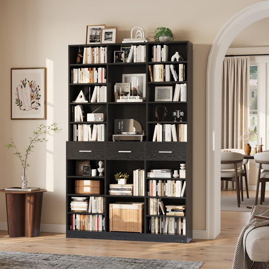 Garvee 75" Tall Bookcase with Drawers, 47" Wide Large 9-Tier Farmhouse Wooden Bookshelf Storage Cabinet with Adjustable Shelves for Living Room Office, Black