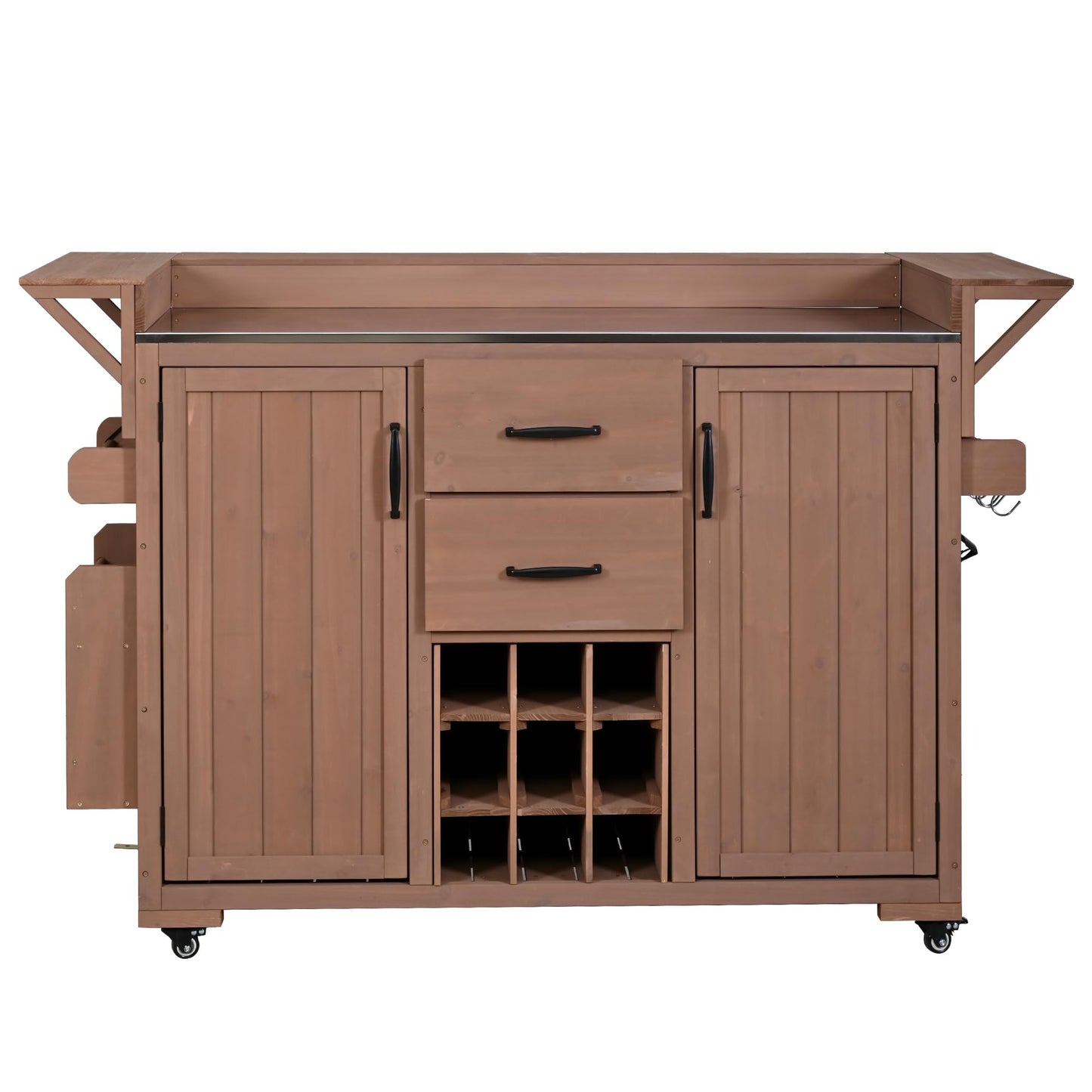 Merax 60.2''W Outdoor Kitchen Island on Wheels with Stainless Steel Top, Wood Rolling Patio Grill Cart with Storage Cabinets, Drawers, Spice Rack & Wine Rack, Outdoor Grill BBQ Prep Table, Brown