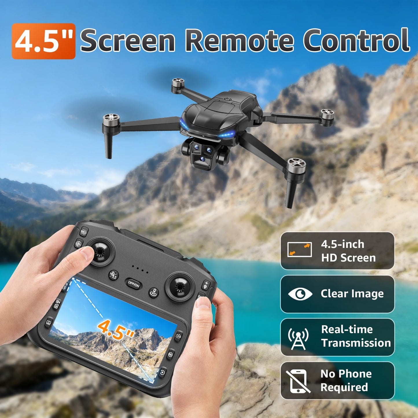 GPS Drone with Camera for Adults - 4K Drone with 4.5” FPV Screen Controller, 60 Min Flight, Brushless Motor Foldable Quadcopter, Auto Return, Follow Me, 3 Speed Modes for Beginners - Gift Under 249g