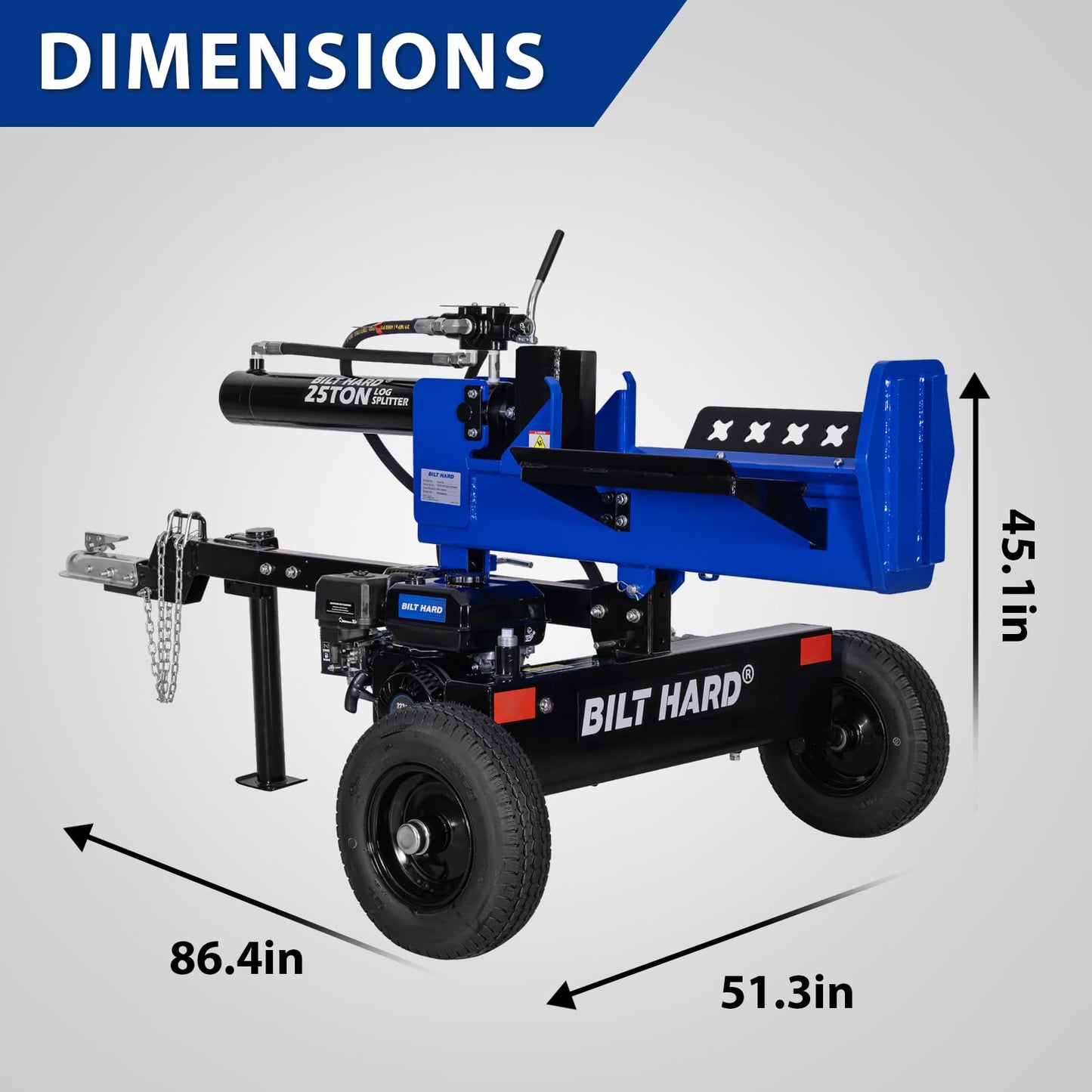 BILT HARD 25-Ton Horizontal/Vertical Towable Gas Log Splitter, Hydraulic Log Splitter with 8 HP 223cc 4-Cycle OHV Engine, 2" Ball Coupler, Safety Chains, Wood Splitter for Firewood Splitting