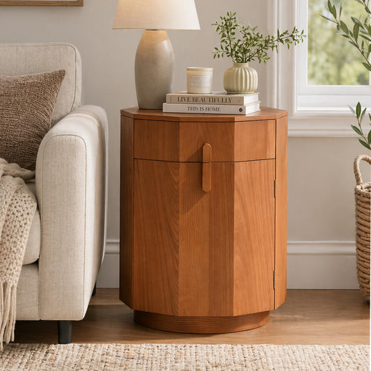 Ahokua Modern Octagonal End Table with Drawer and Cabinet, 19.7" Wide Side Table with Door Storage Rack, Modern Small Nightstand for Bedroom, Living Room or Entryway, Natural Wood