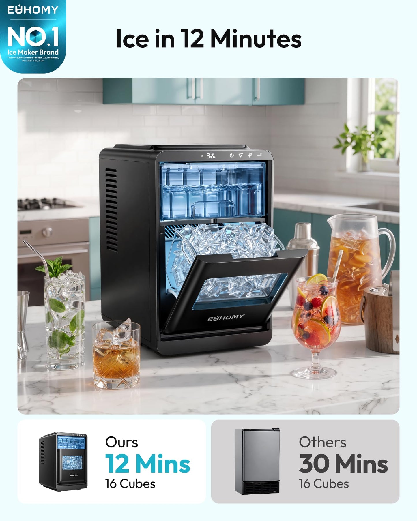 EUHOMY Countertop Crescent Ice Maker, 16Pcs in 12Mins, 35Lbs/24H, Auto Deep Cleaning, Timer, Adjustable Ice Thickness, Portable Ice Cube Maker for Whiskey/Coffee/Soft Drinks