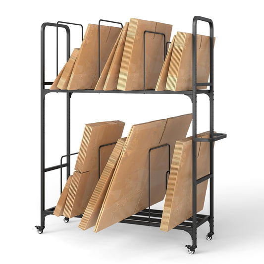 2-Tier Carton Stand, Metal Cardboard Box Organizer, Rolling Cardboard Box Stand, Heavy Duty Carton Storage Cart with Dividers, Shipping Boxes Cart with Wheels for Commercial Home Supermarket Warehouse