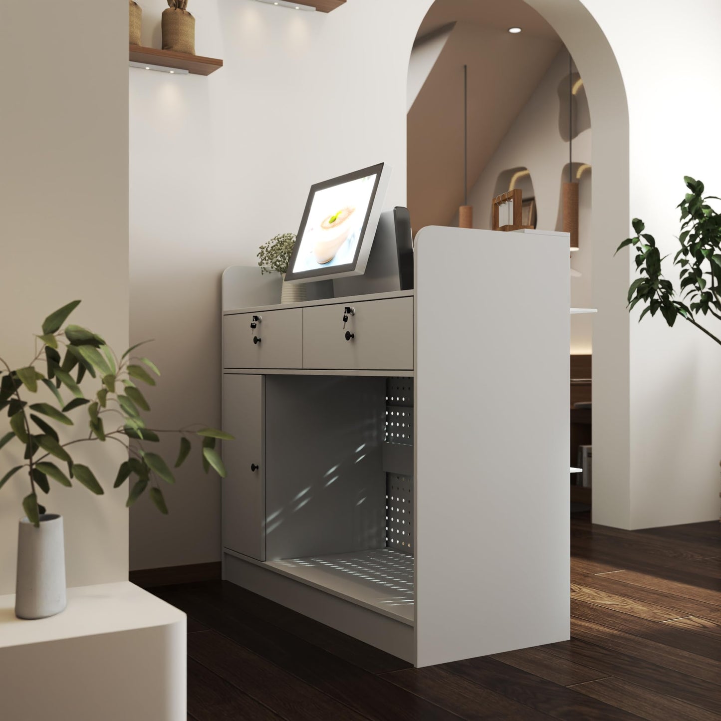 AIEGLE Reception Desk with Counter & Pegboard, Modern Retail Checkout Counter with 2 Lockable Drawers & Adjustable Shelf, 47.2" White Reception Room Table for Salon, Lobby, Office