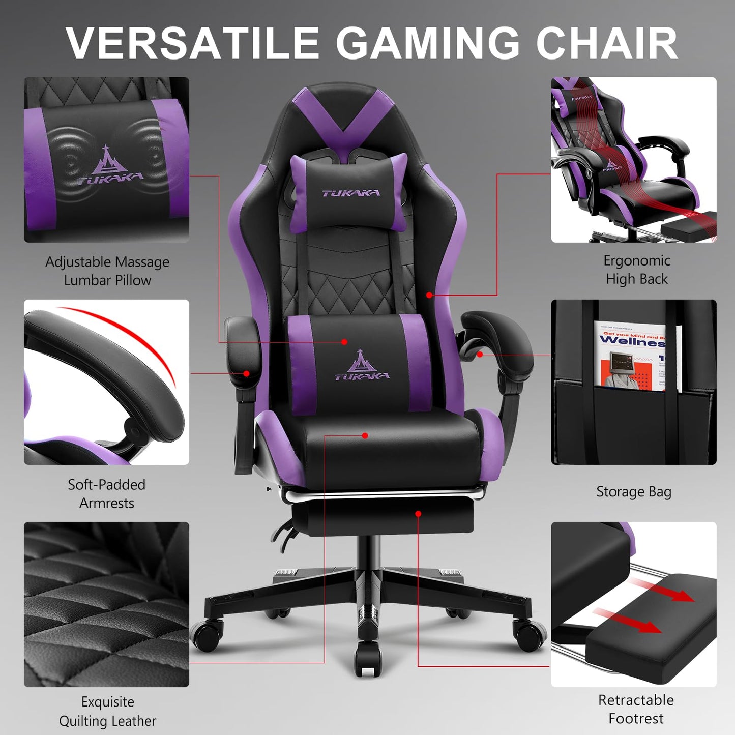 TUKAKA Gaming Chair,Ergonomic Massage Computer Office Desk Chair with Footrest,Pocket Spring Cushion,Reclining Leather Adjustable Gamer Chair with Headrest and Lumbar Support,Purple