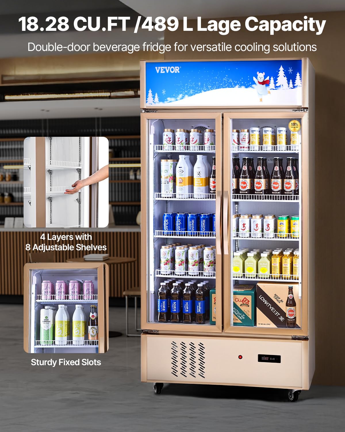 VEVOR Commercial Merchandiser Refrigerator 2 Glass Doors, 23 Cubic Ft, Upright Display Beverage Cooler 79" Tall x 39.4" Width, Fridge with LED Lighting for Drink Wine Soda, Gold