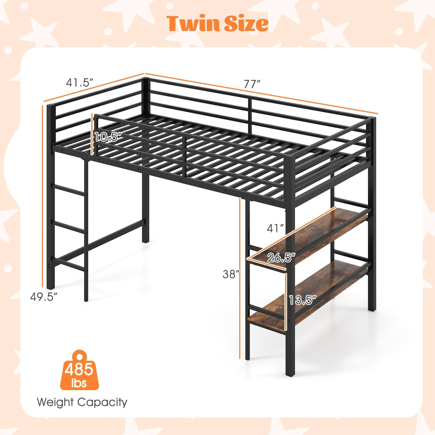 Giantex Low Loft Bed Twin Size, Heavy Duty Metal Frame w/Storage Shelves, Ladder & Full-Length Guardrails, Ample Under-Bed Space, Kids Loft Bed with Stairs for Boys Girls Junior, No Box Spring Needed