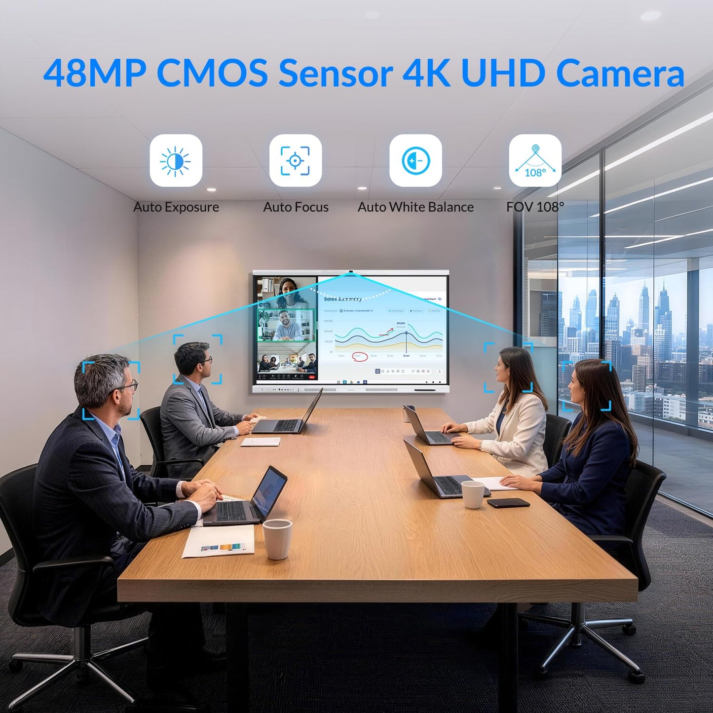 NEWORK Smart Board, 65" All-in-One Interactive Whiteboard, Google EDLA Certified, 48MP CMOS Sensor 4K UHD Camera, 8 AI Noise-Canceling Mics, for Professional Business Meetings and Classroom