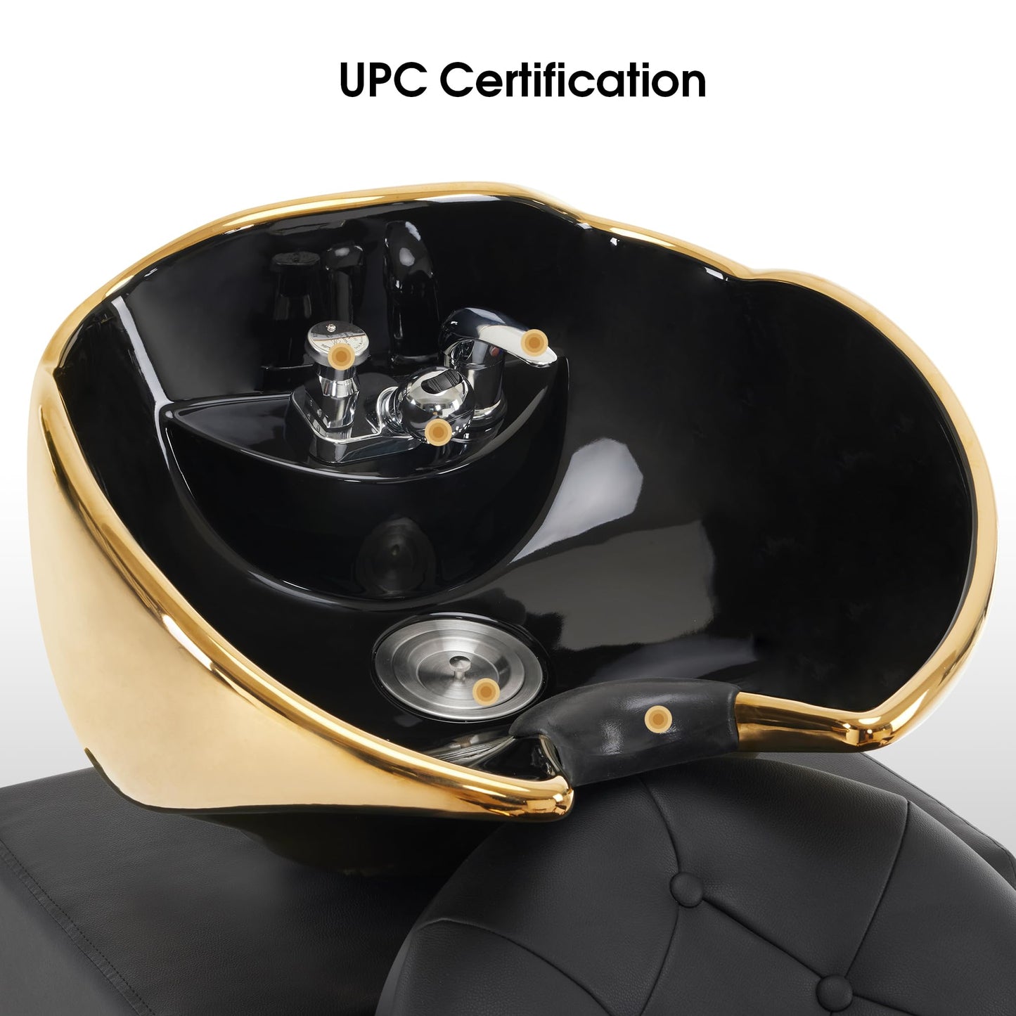 BarberPub Backwash Shampoo Station Chair, Retro Adjustable Porcelain Ceramic Hair Wash Bowl Unit Station, Shampoo Barber Chair with Vacuum Breaker for Spa Beauty Salon 8610 (Black&Gold)