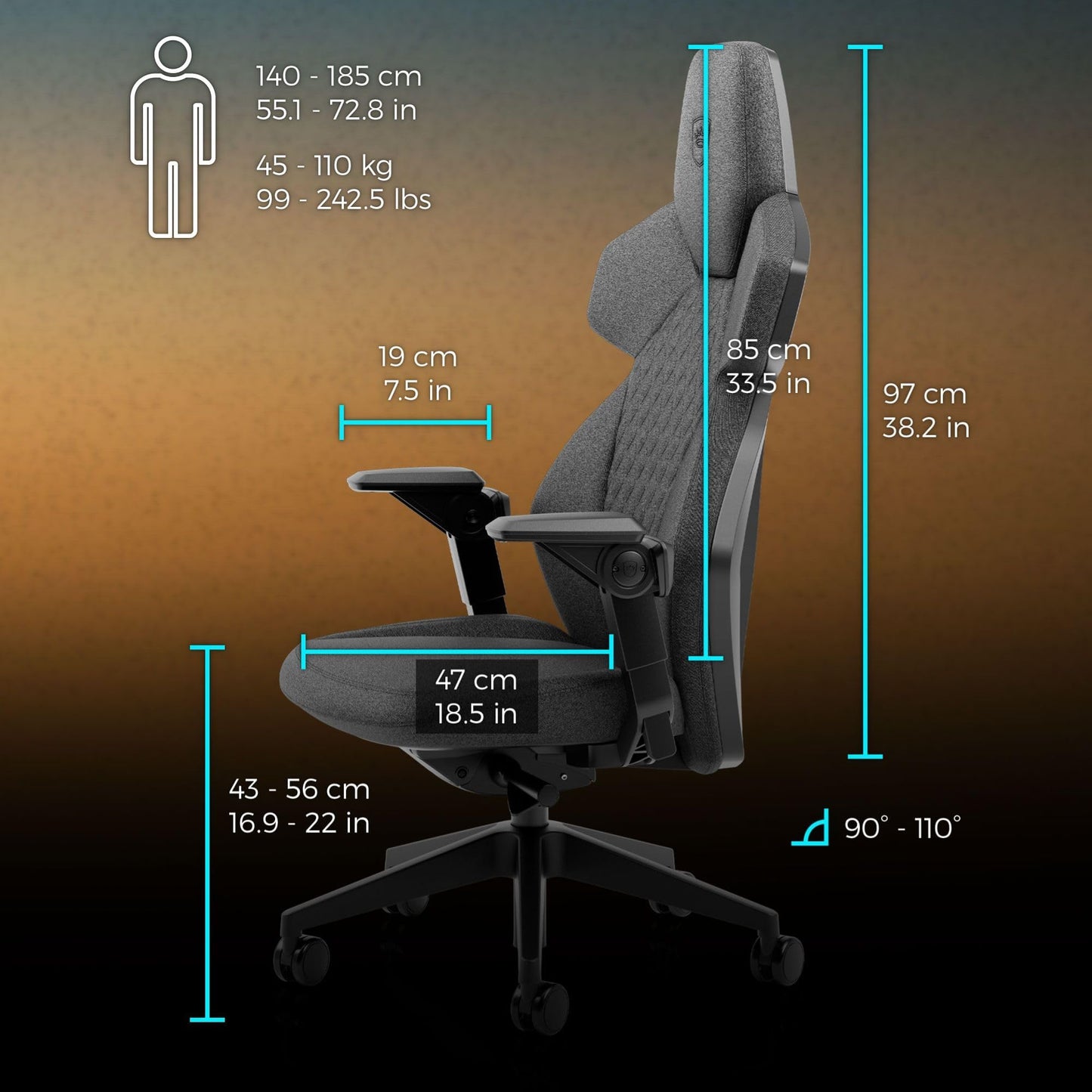 noblechairs Dawn TX Gaming Chair - Granite-Ergonomic Desk Chair with Folding Armrests, Synchronous Mechanism, Fabric Cover, Lumbar Support, Universal Wheels