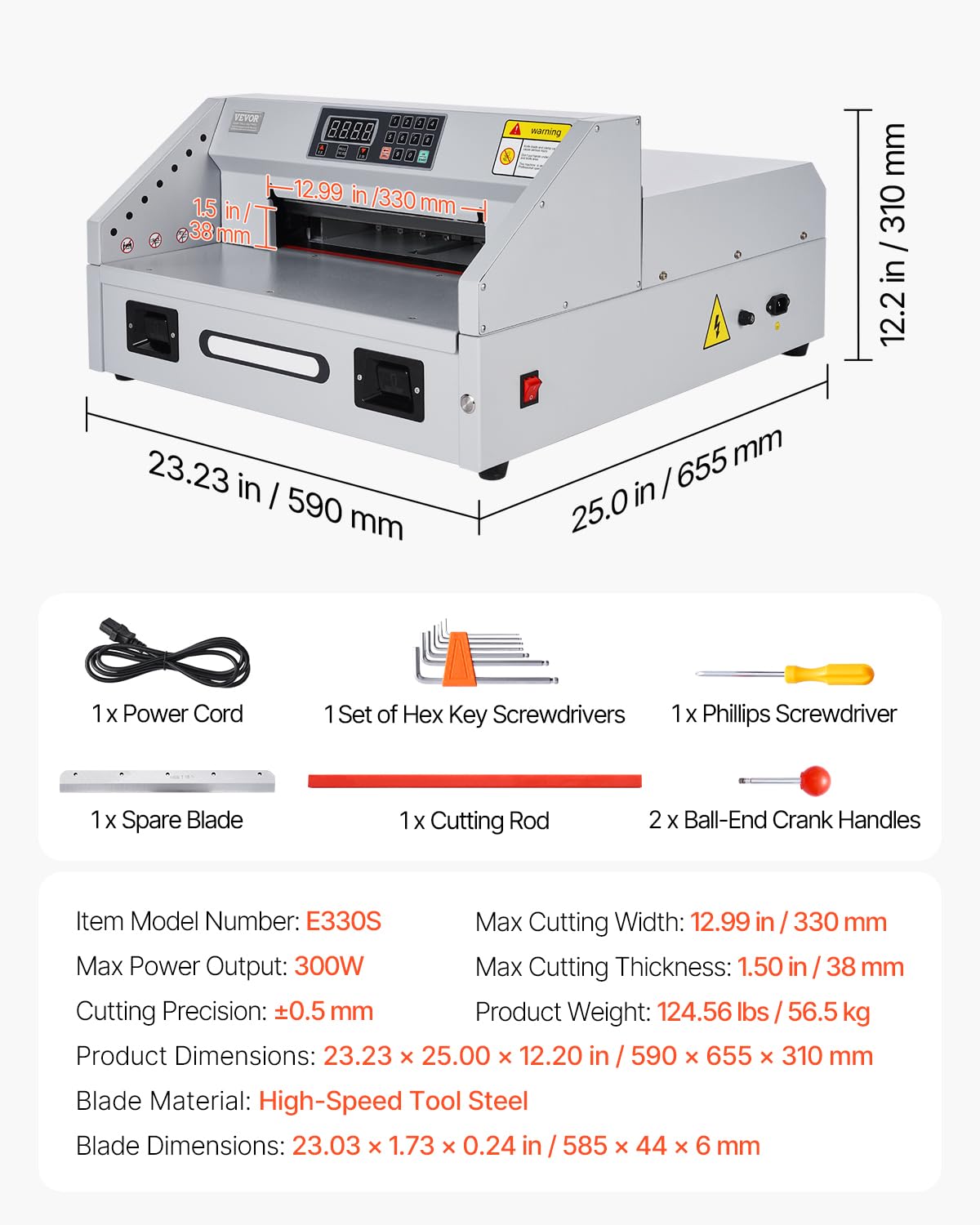 VEVOR Electric Paper Cutter, 300W Heavy Duty Paper Cutter Machine 11.8 in / 330 mm Cutting Width, 1.5 in / 38 mm Cutting Thickness, Electric Guillotine Trimmer with Casters & Infrared Function