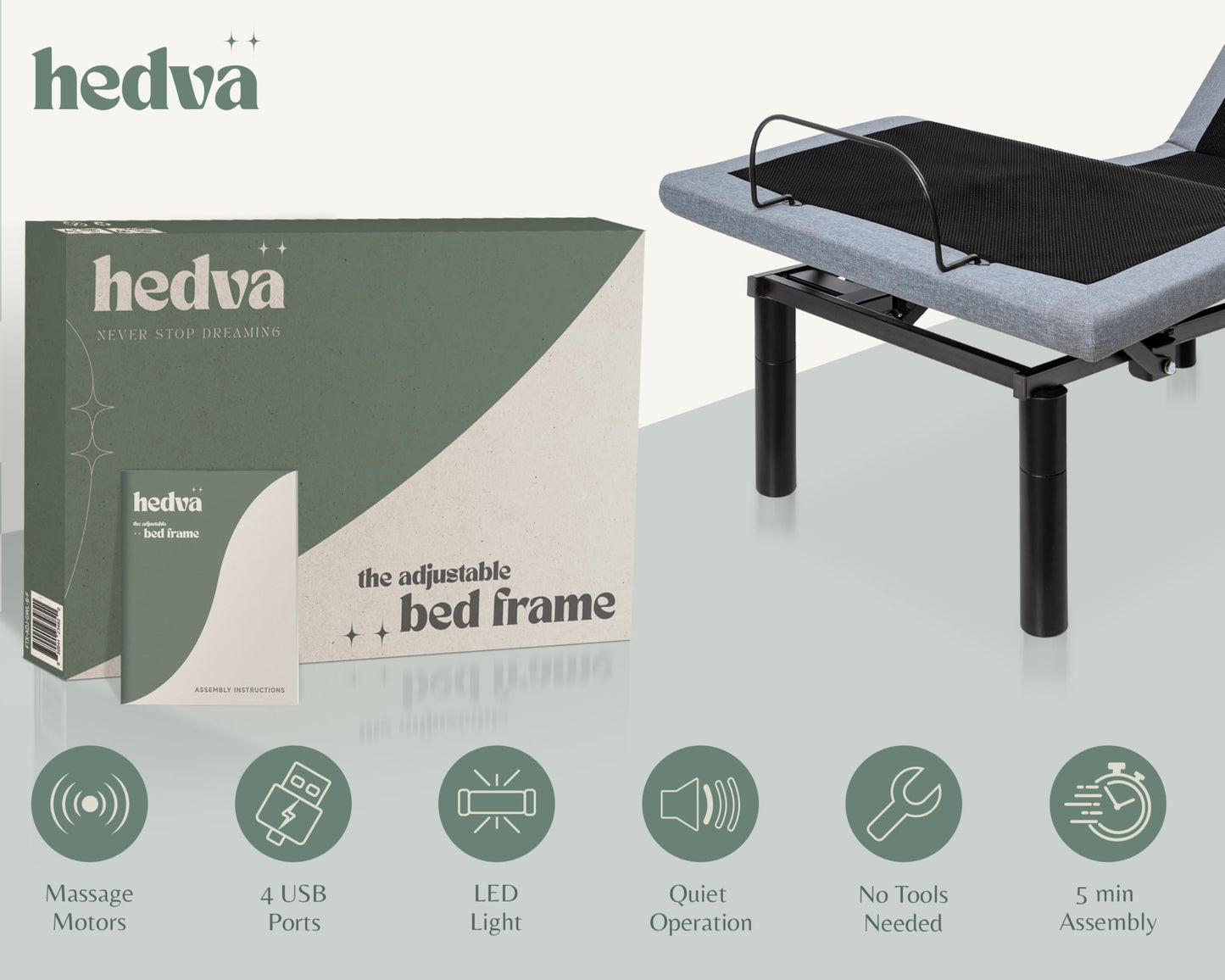 Hedva Adjustable Bed Frame with Massage Motors, 4 USB Ports, LED Light, 5-Minute Assembly, Multiple Preset Positions for Ultimate Comfort, Wireless Remote Control Adjustable Bed (Black, Twin XL)