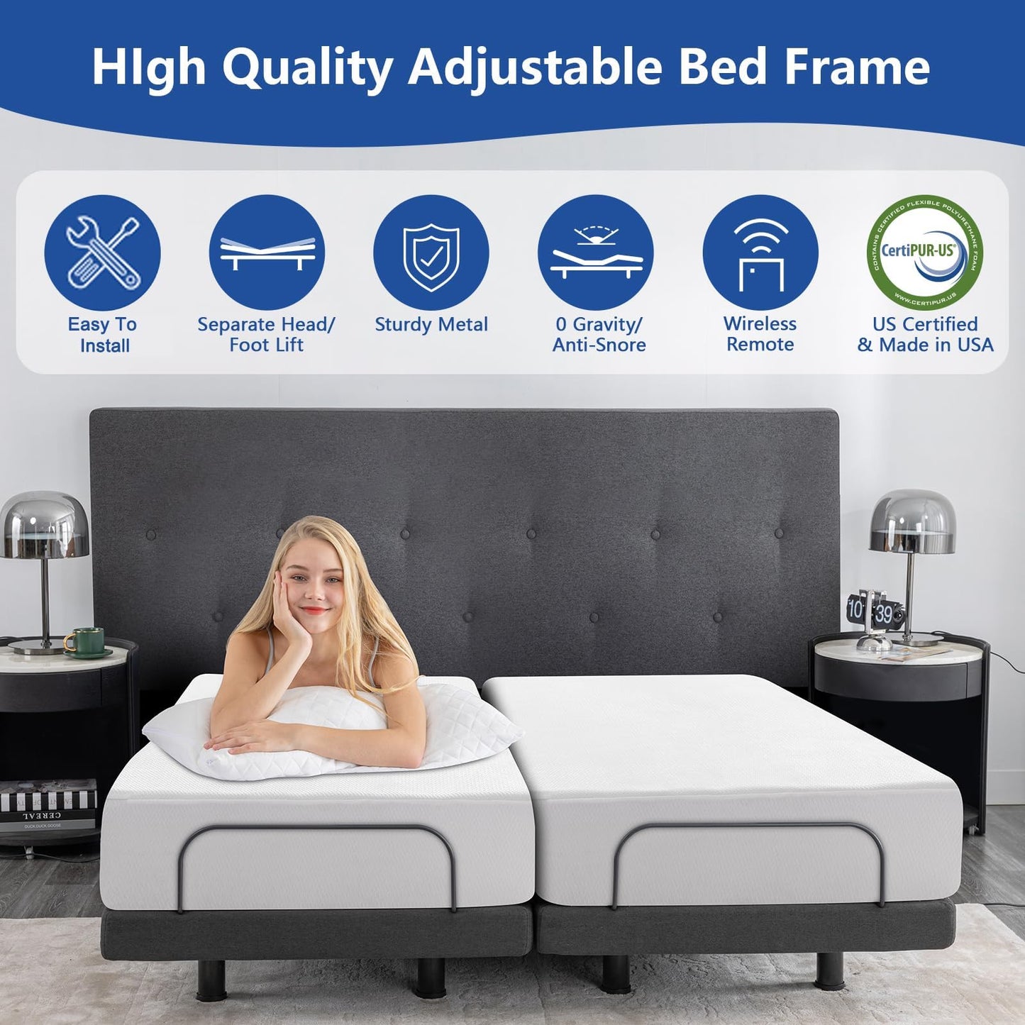 Queen Size Adjustable Bed Frame,10 Inch Gel Memory Foam Mattress, Adjustable Bed Base with Adjustable leg height,Separate Head/Foot Lift,Easy Assembly,Smart Electric Beds, Anti-Snore/Zero Gravity