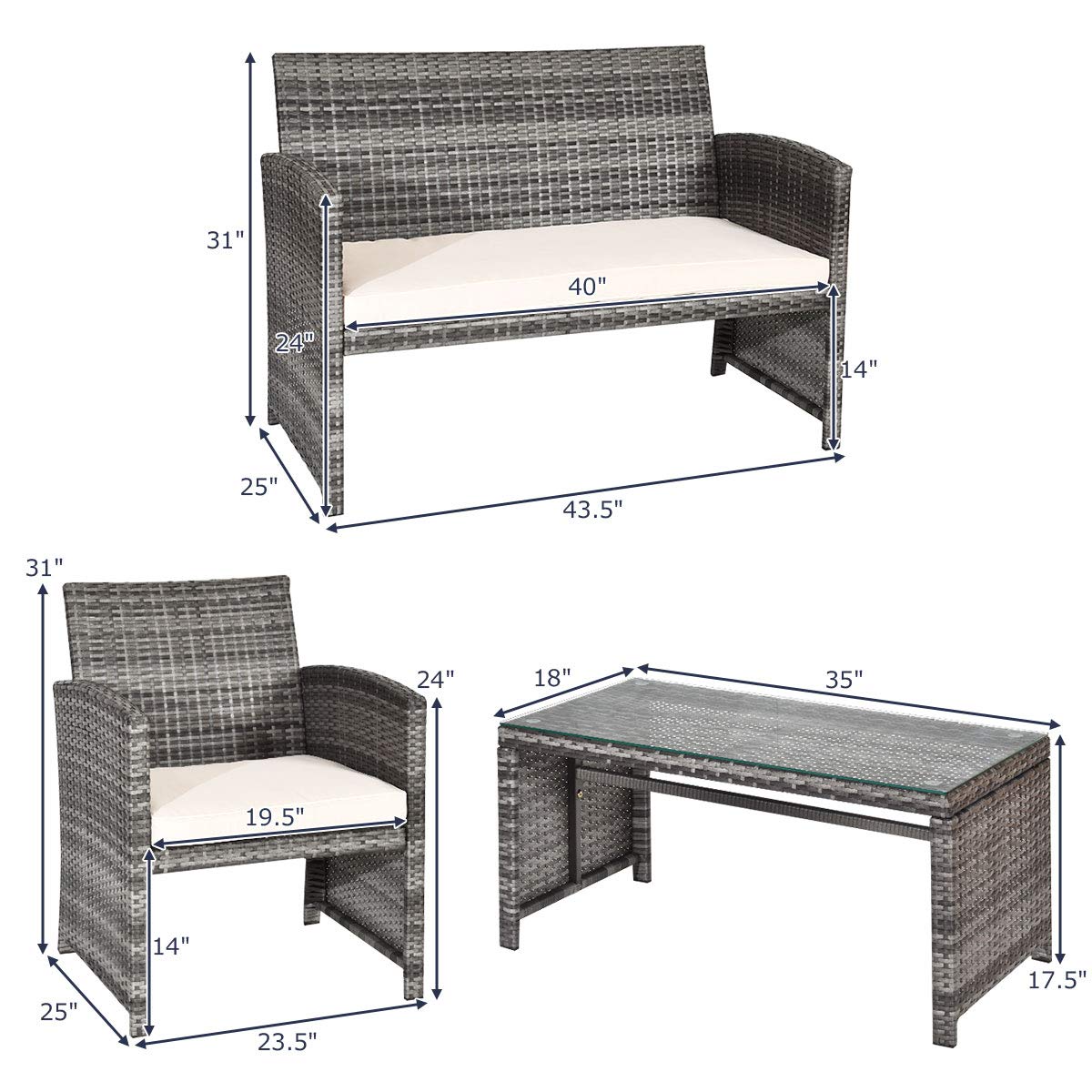 Tangkula 4 PCS Wicker Patio Conversation Set, Outdoor Rattan Sofas with Table Set, Patio Furniture Set with Soft Cushions & Tempered Glass Coffee Table for Poolside Balcony