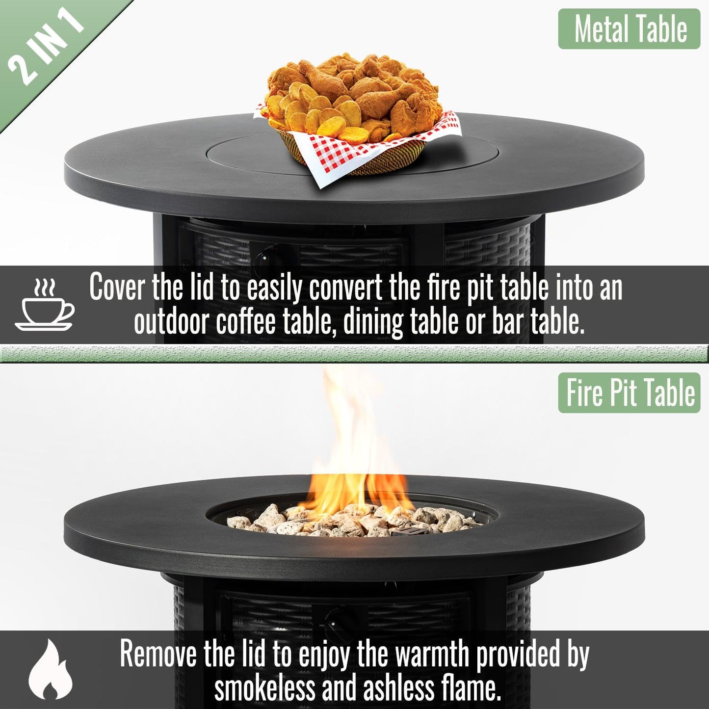 GDFStudio 32" Round Propane Fire Pit Table, 50000 BTU Outdoor Gas Heater with Steel Top & Wicker-Style Base, for Patio Deck Garden Backyard, Black