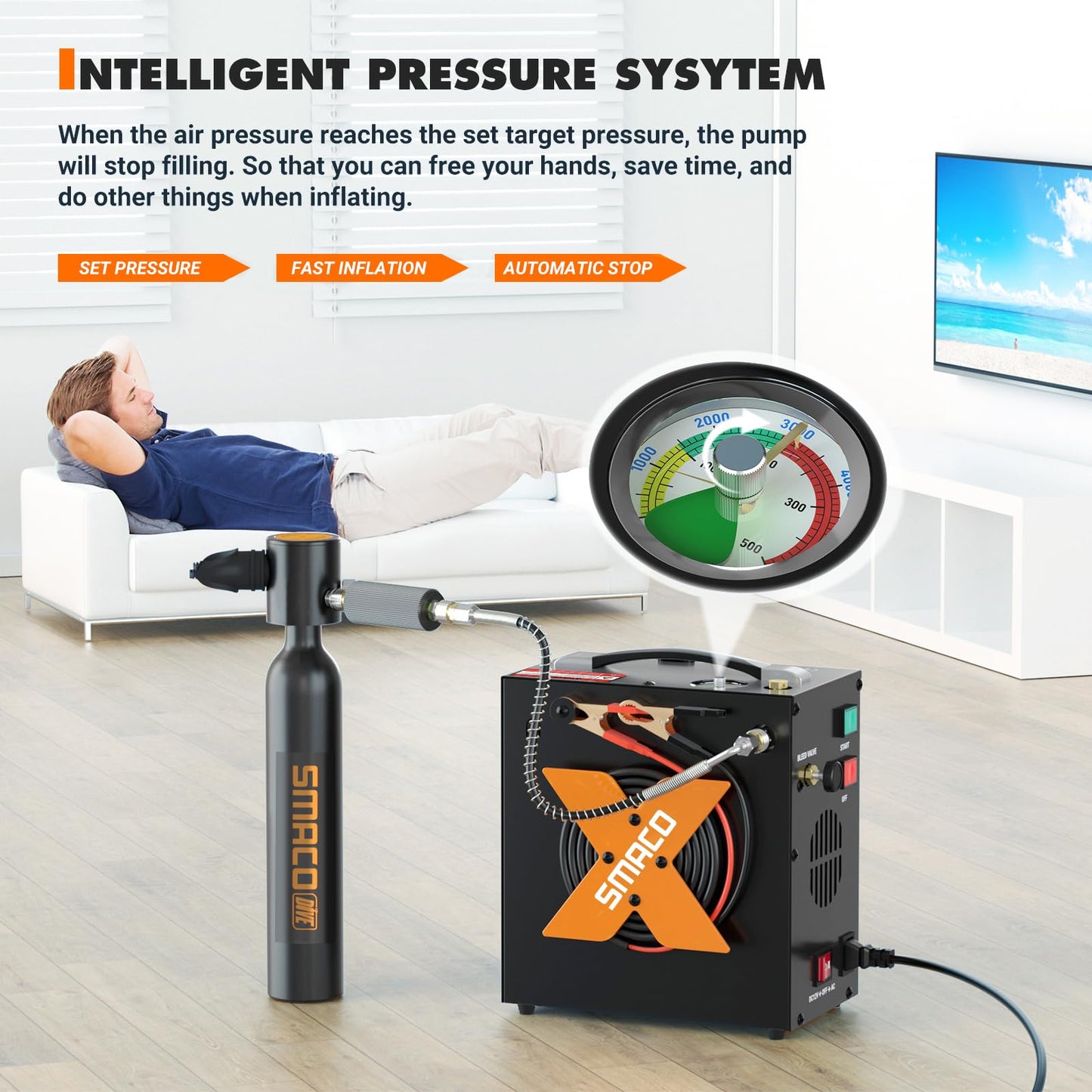 SMACO PCP Air Compressor 4500Psi/30Mpa High Pressure Air Compressor Paintball Scuba Tank Compressor HPA Pump Fill Station Auto-Stop,Oil-Free Powered by 12V DC or 110V AC with Water/Oil Separator